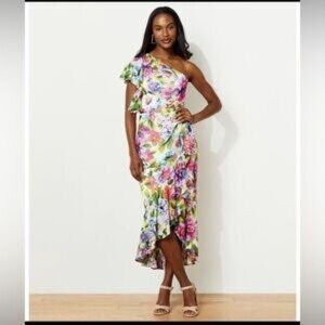 Betsy & Adam One-Shoulder Floral Maxi Dress - Pink, Green, Blue